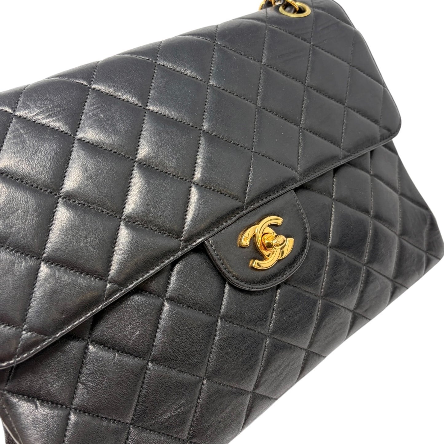 CHANEL Vintage CC Logo Quilted Double Flap Shoulder Bag Black Leather 902096