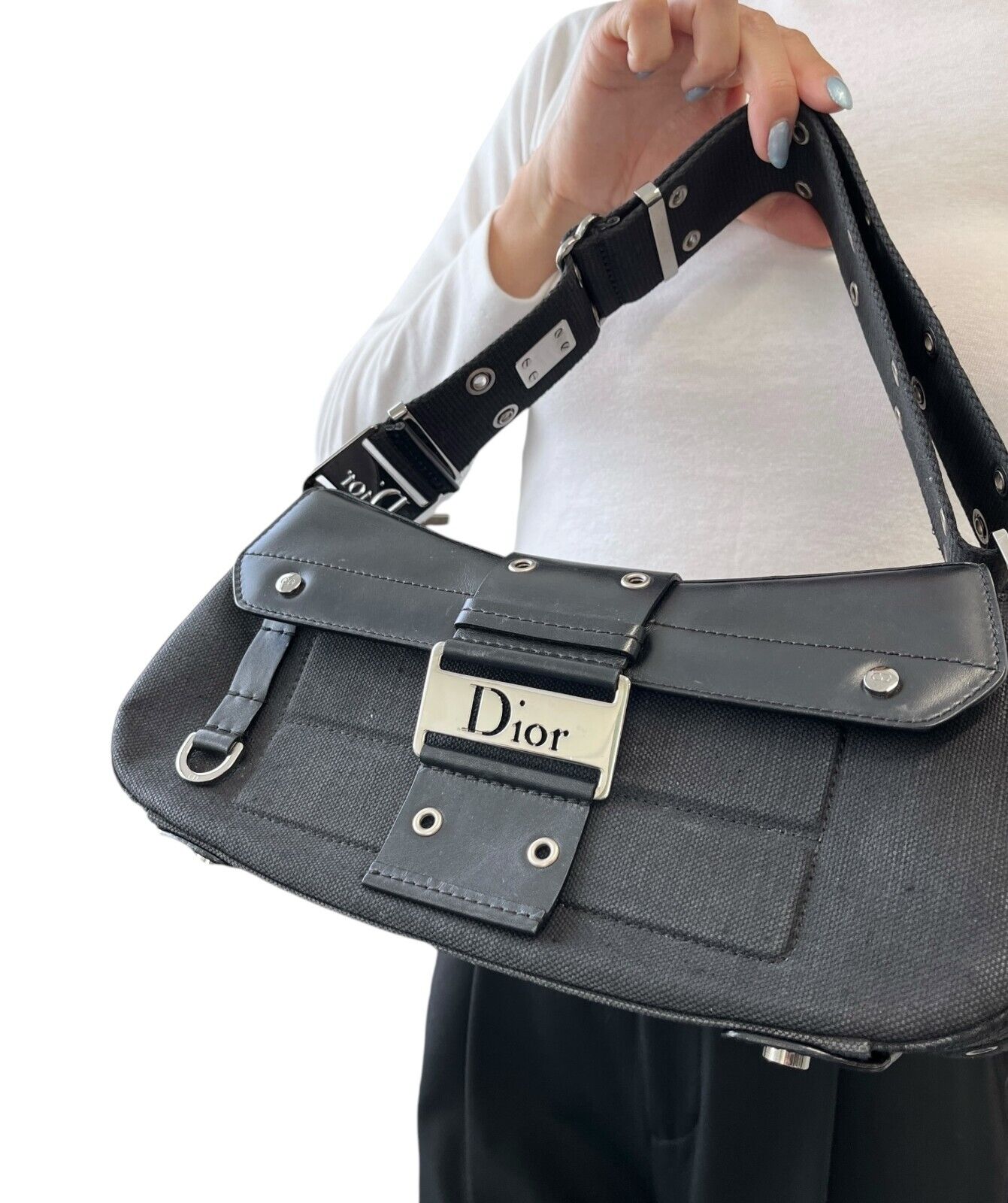 Christian Dior Vintage Street Chic Trotter Monogram Shoulder Bag Black Silver