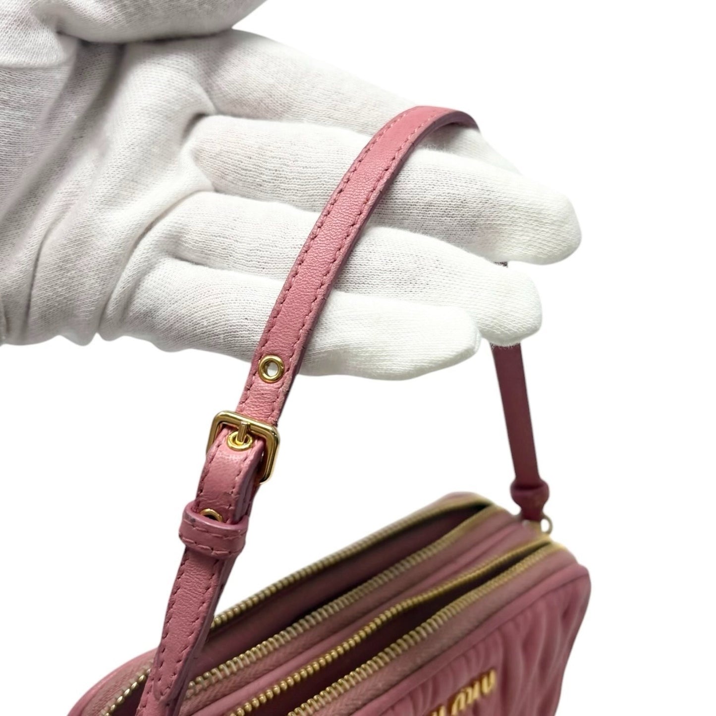 miu miu Vintage Logo Matelasse Leather Mini Double Zip Bag Pink Gold 902277