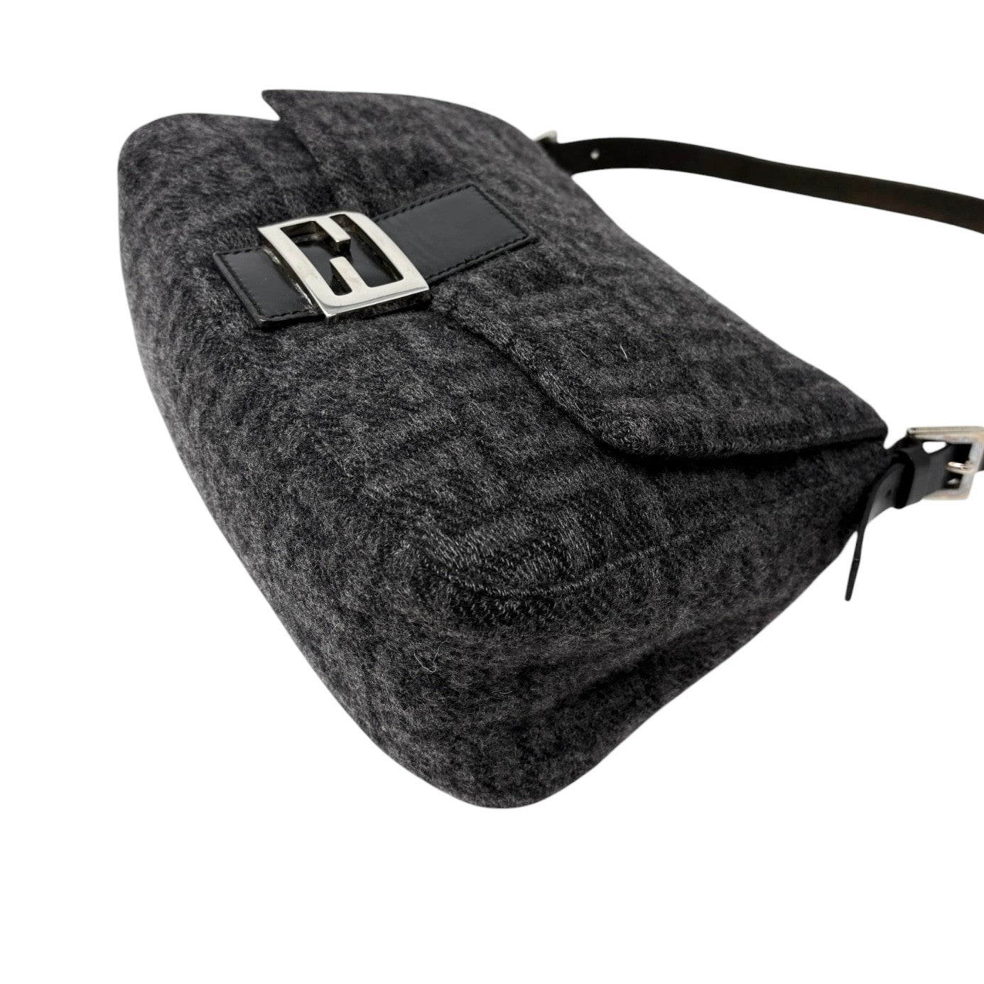 FENDI Vintage Zucca FF Logo Mamma Baguette Shoulder Bag Gray Black Wool