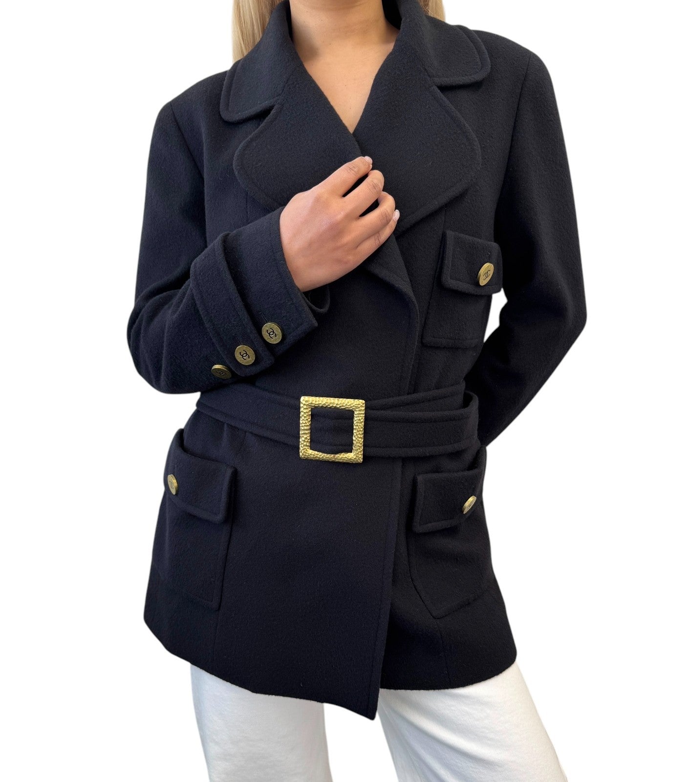 CHANEL Vintage CC Logo Button Cashmere Coat Jacket Belt Black Gold