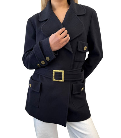CHANEL Vintage CC Logo Button Cashmere Coat Jacket Belt Black Gold