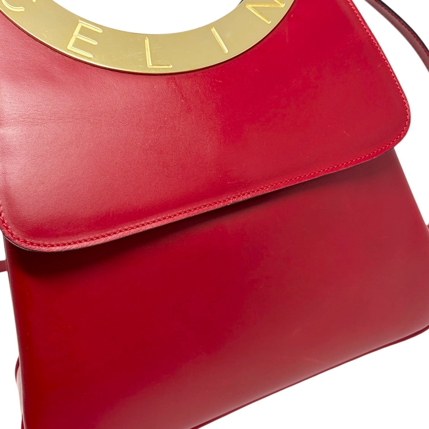 CELINE Vintage Logo Circle Flap 2way Shoulder Bag Red Gold Leather 902080