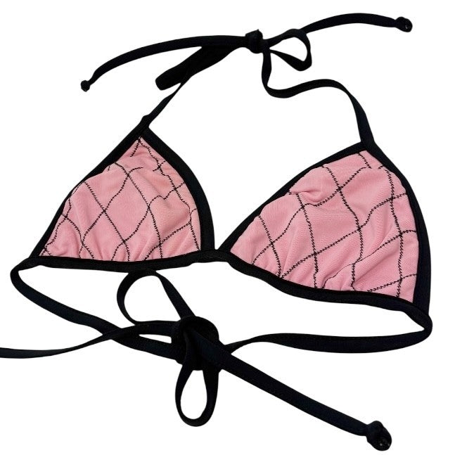CHANEL Vintage 95P Matelasse Swimwear Bikini Set #36 Pink Black Nylon