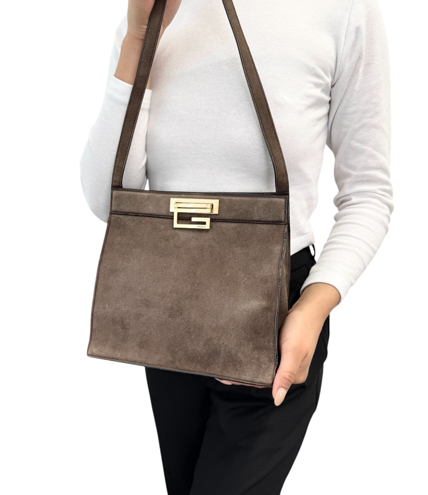 GUCCI Vintage G Square Logo Shoulder Bag Brown Gold Suede Leather 902021