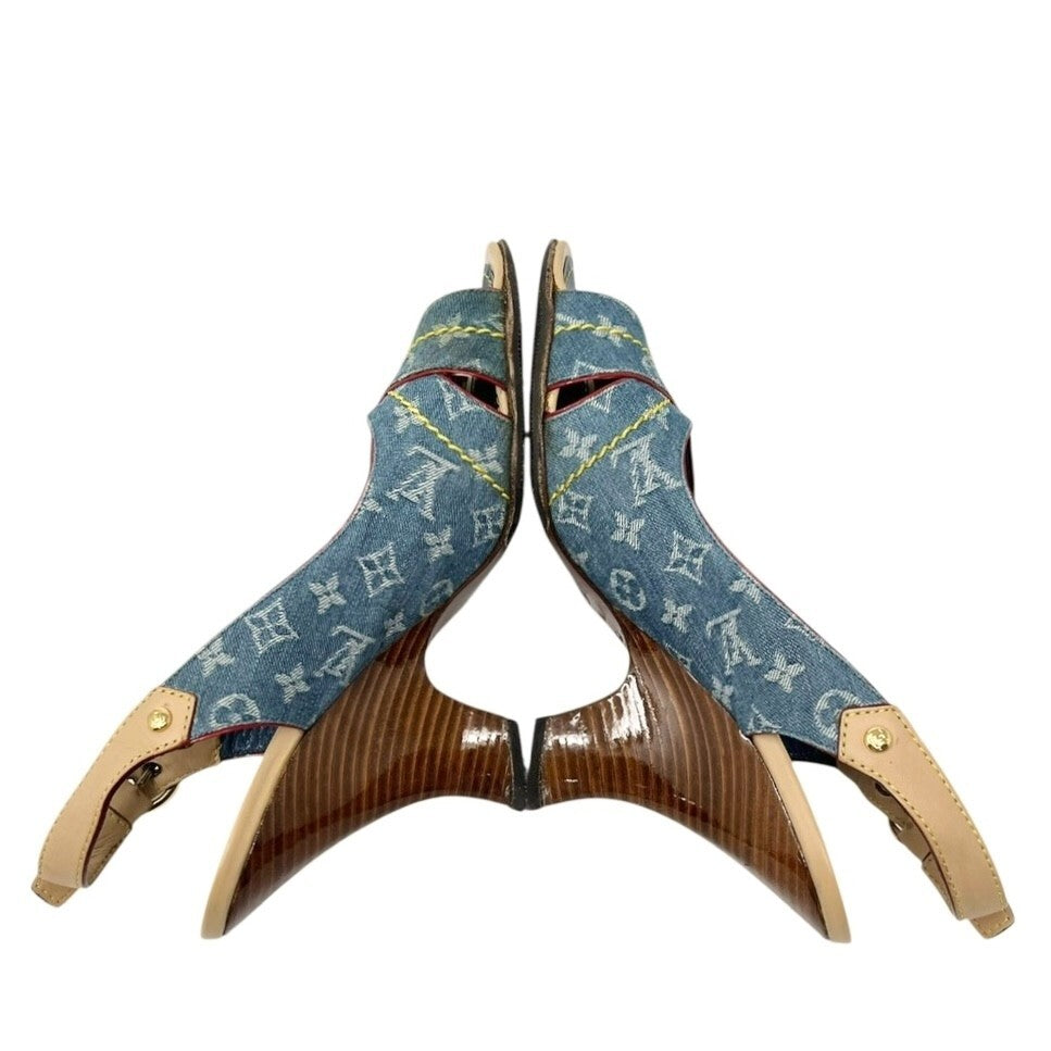 LOUIS VUITTON Vintage LV Logo Monogram Sandals #36.5-37 Blue Beige Denim Belt