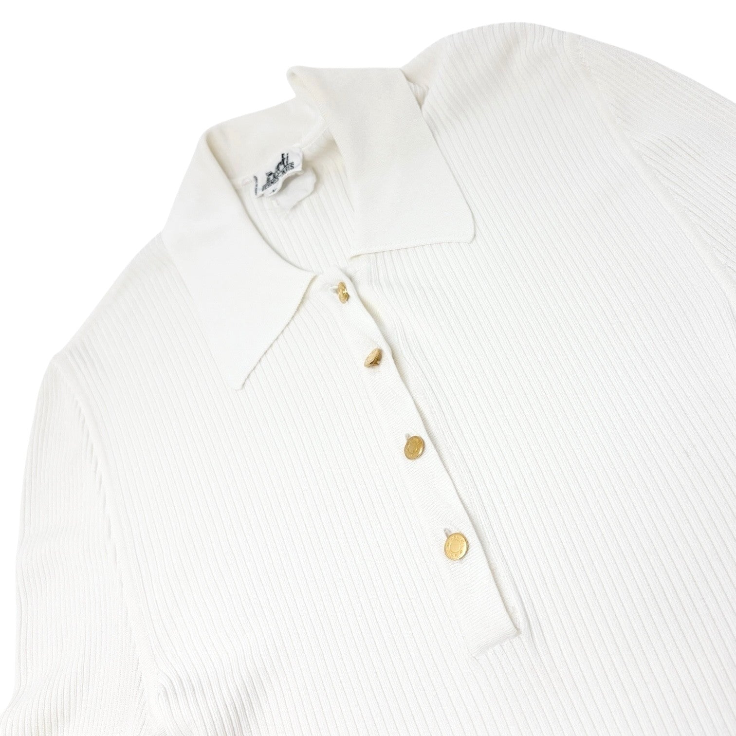 HERMES Vintage Logo Clou de Selle Button Ribbed Knit Polo Top #M White Viscose