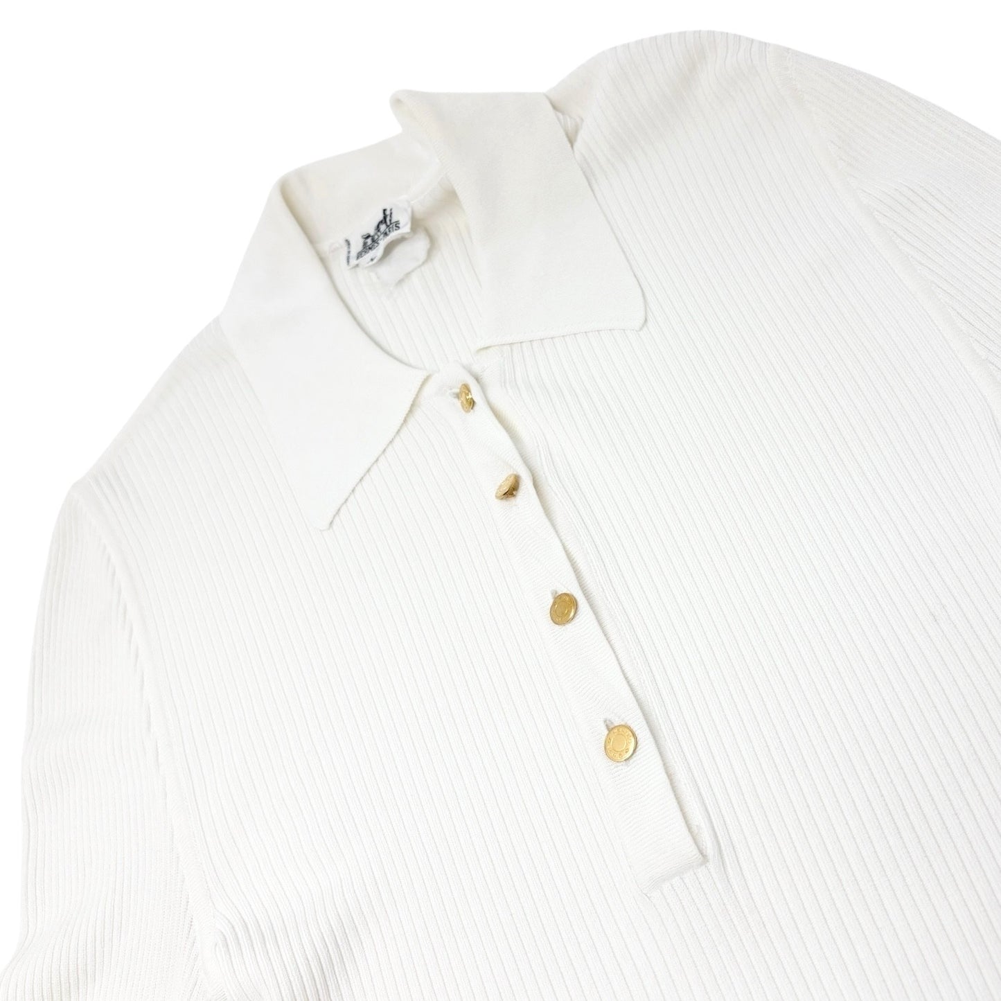 HERMES Vintage Logo Clou de Selle Button Ribbed Knit Polo Top #M White Viscose