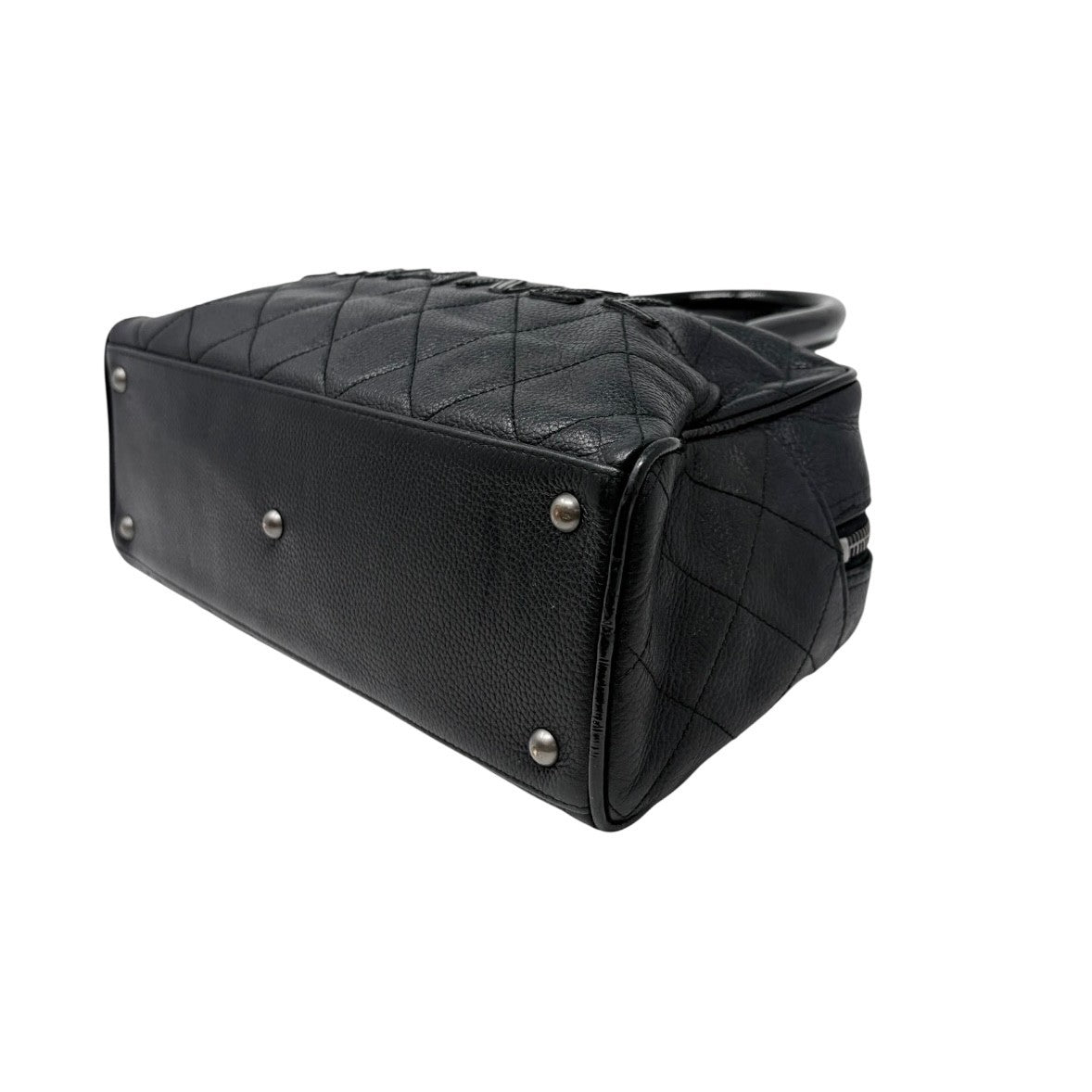 CHANEL Vintage CC Big Logo Quilted Leather Mini Bowling Boston Bag Black Silver