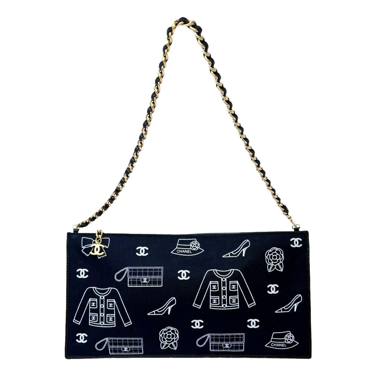 CHANEL Vintage CC Logo Icon Print Canvas Shoulder Bag Pochette Dark Blue Chain