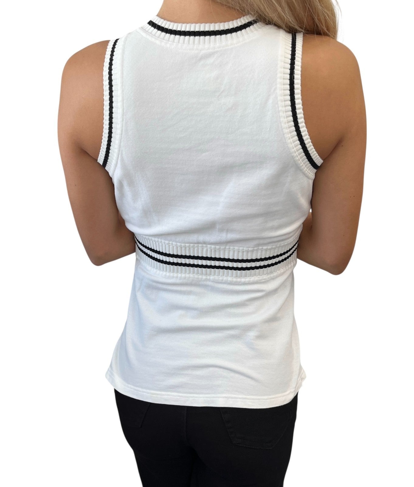 CHANEL Sport Vintage 04S CC Logo Patch Tank Top Tunic #38 White Black Cotton