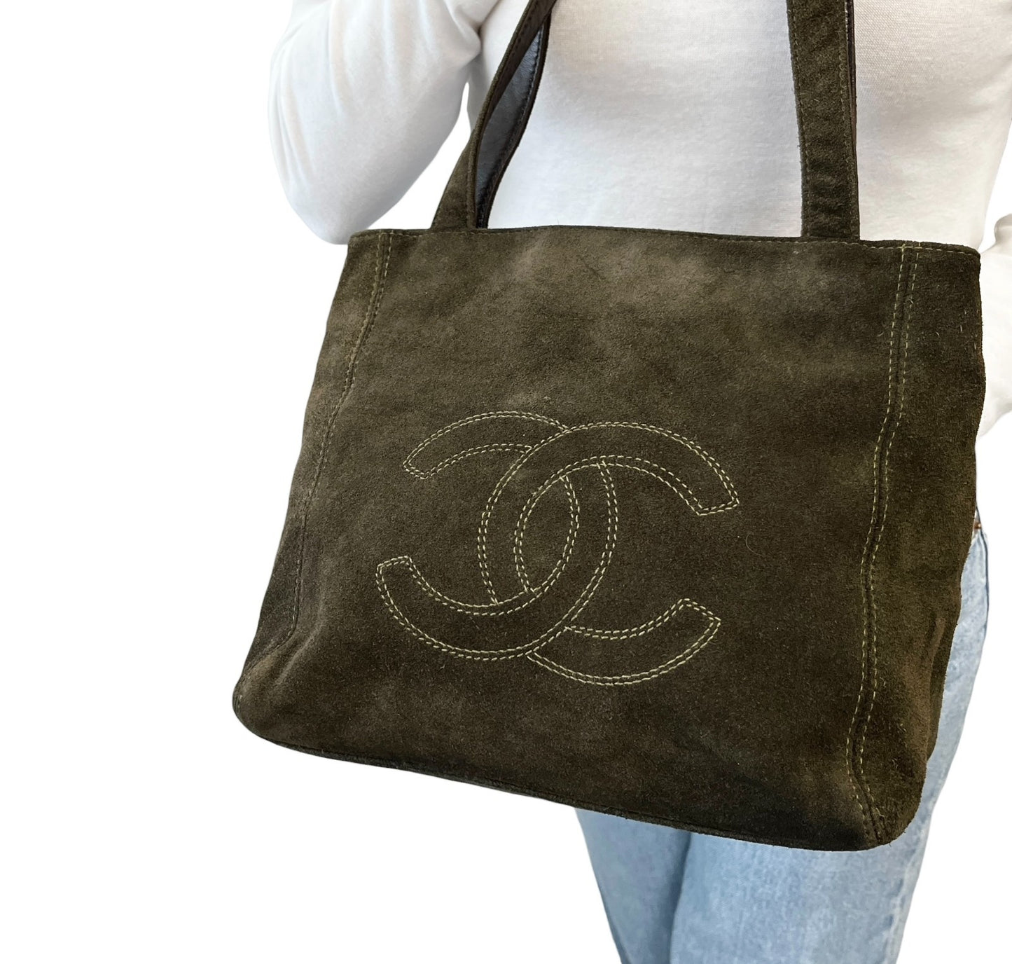 CHANEL Vintage Big CC Logo Embroidered Suede Shoulder Tote Bag Khaki