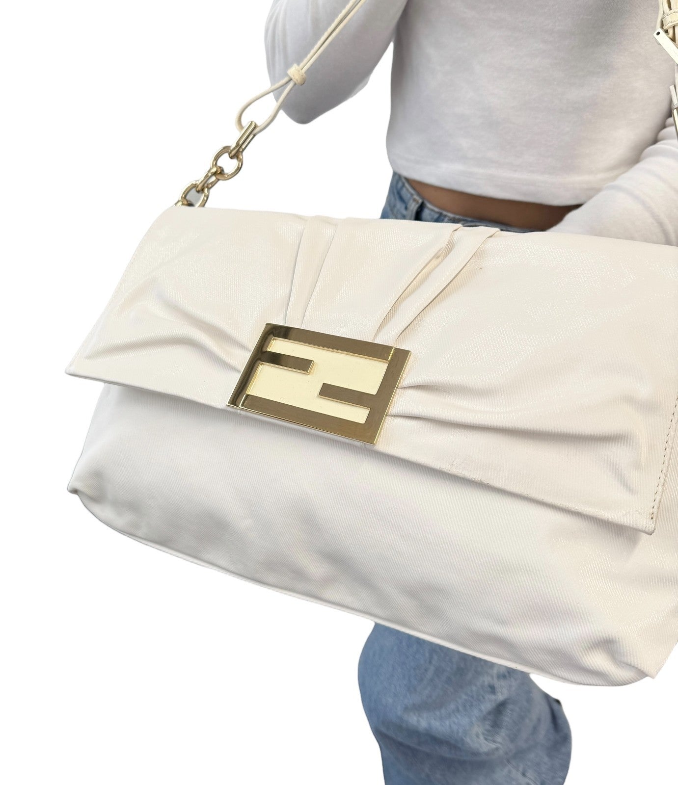 FENDI Vintage FF Logo Mia Mamma Flap Shoulder Bag White Gold Leather Cotton