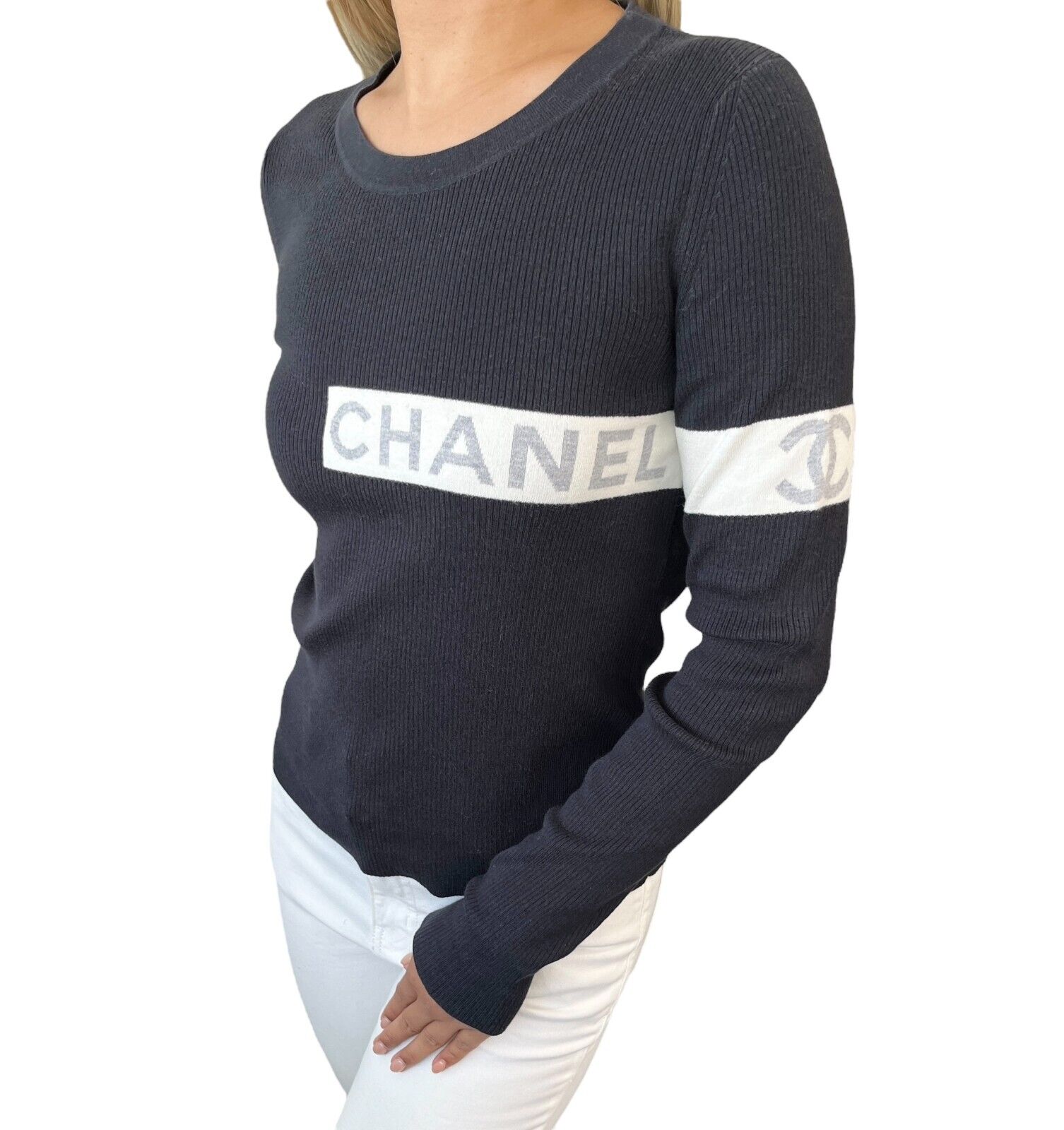 CHANEL Vintage 08P CC Mark Logo Ribbed Sweater Top #34 Cotton Black RankAB