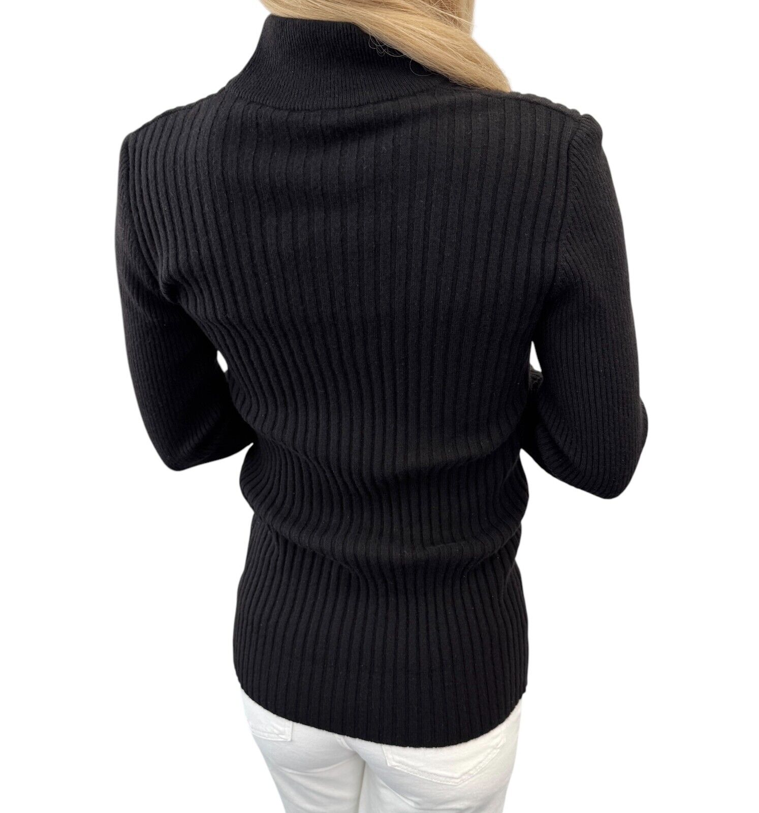 CHANEL Vintage CC Mark Logo Rib Knit Sweater Top #38 Button Black Gold Wool