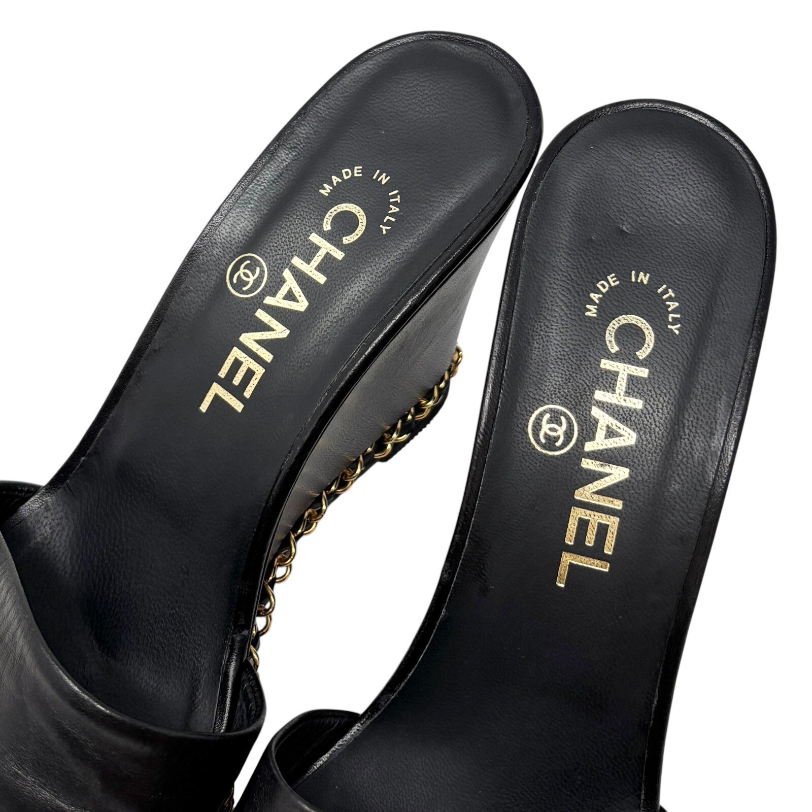 CHANEL Vintage CC Logo Chain Wedge Sole Sandals #37-38.5 Black Gold Leather