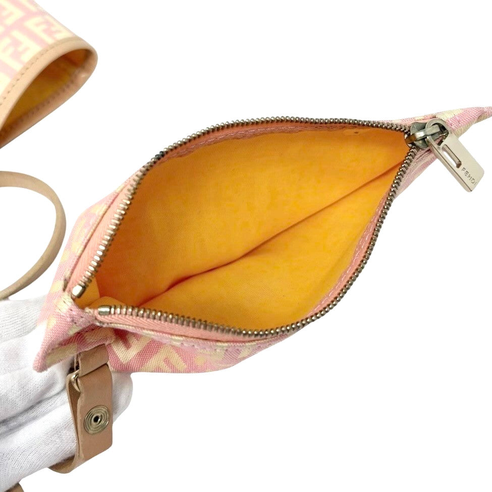 FENDI Vintage Zucchino Tote Shoulder Bag w/Pouch Pink Beige Canvas 902360