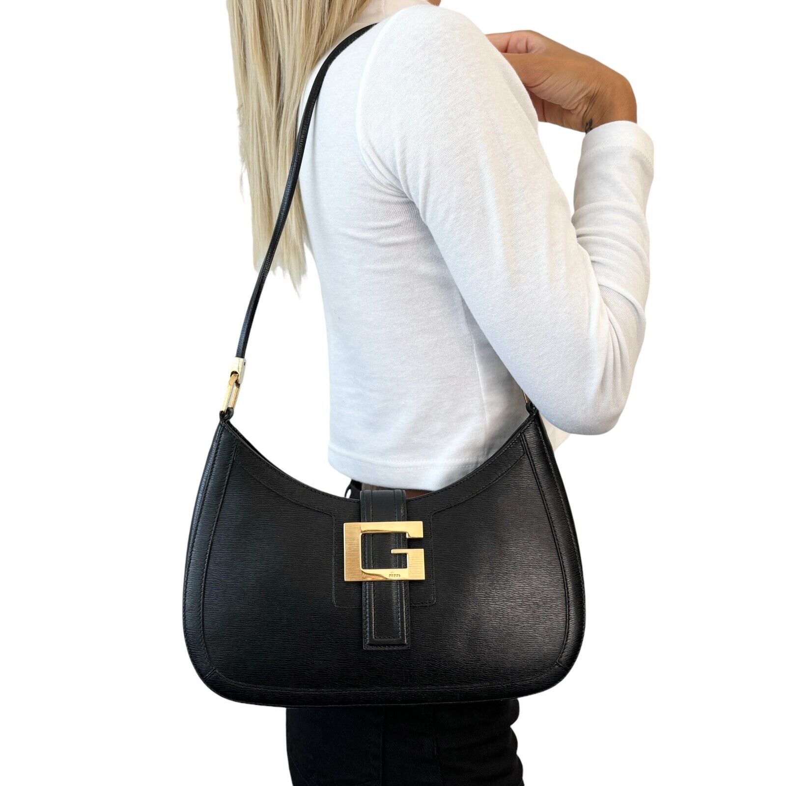 GUCCI Vintage G Square Logo Shoulder Bag Black Gold Magnet Leather Rank AB