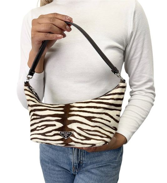 PRADA Vintage Logo Pony Calf Hair Zebra Hobo Shoulder Bag White Brown 902820
