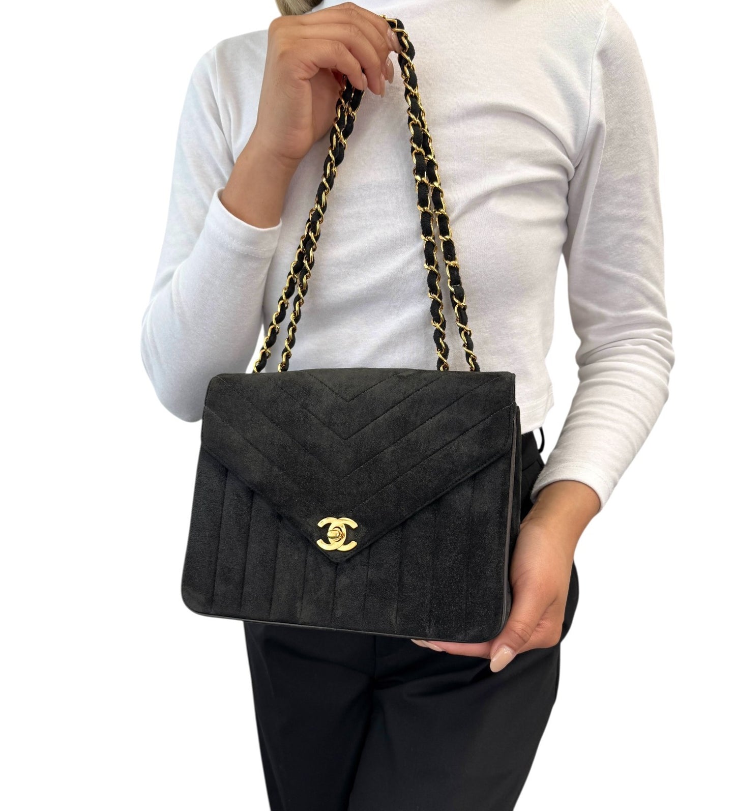 CHANEL Vintage CC Mark Logo Suede Crossbody Shoulder Bag Chain Black Gold