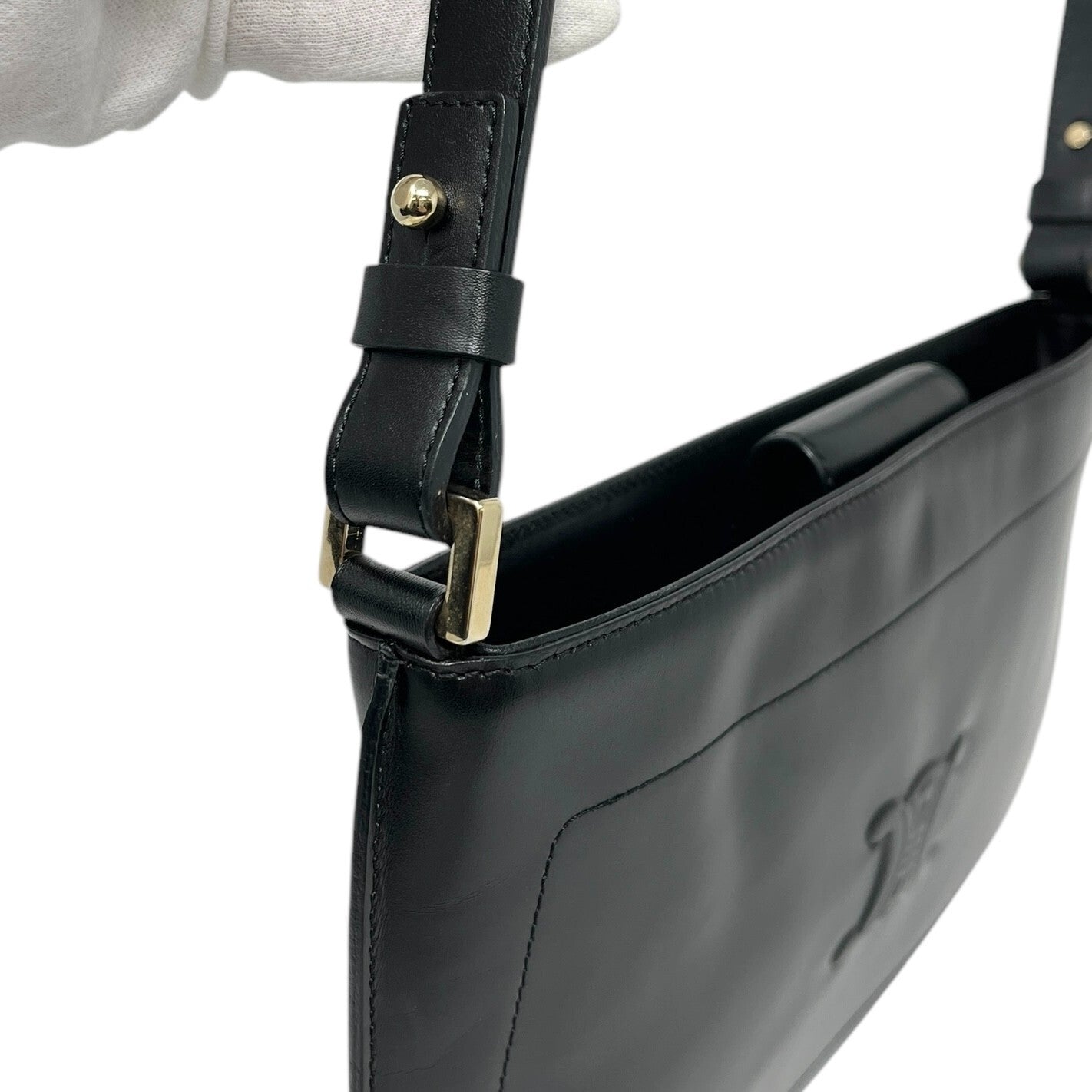 CELINE Vintage Macadam Logo Shoulder Bag Handbag Black Leather Gold Magnetic