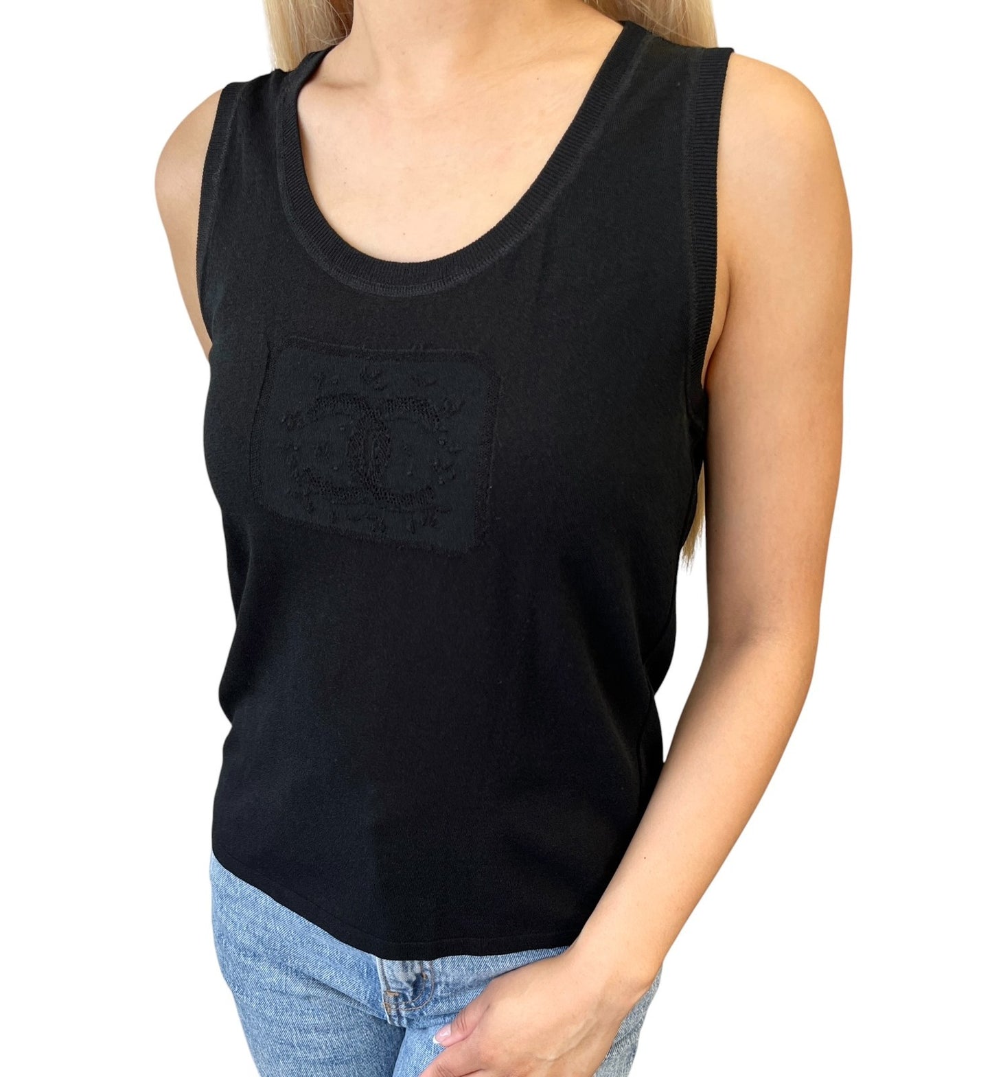 CHANEL Vintage 04C CC Logo Embroidered Knit Tank Top #42 Black 901993