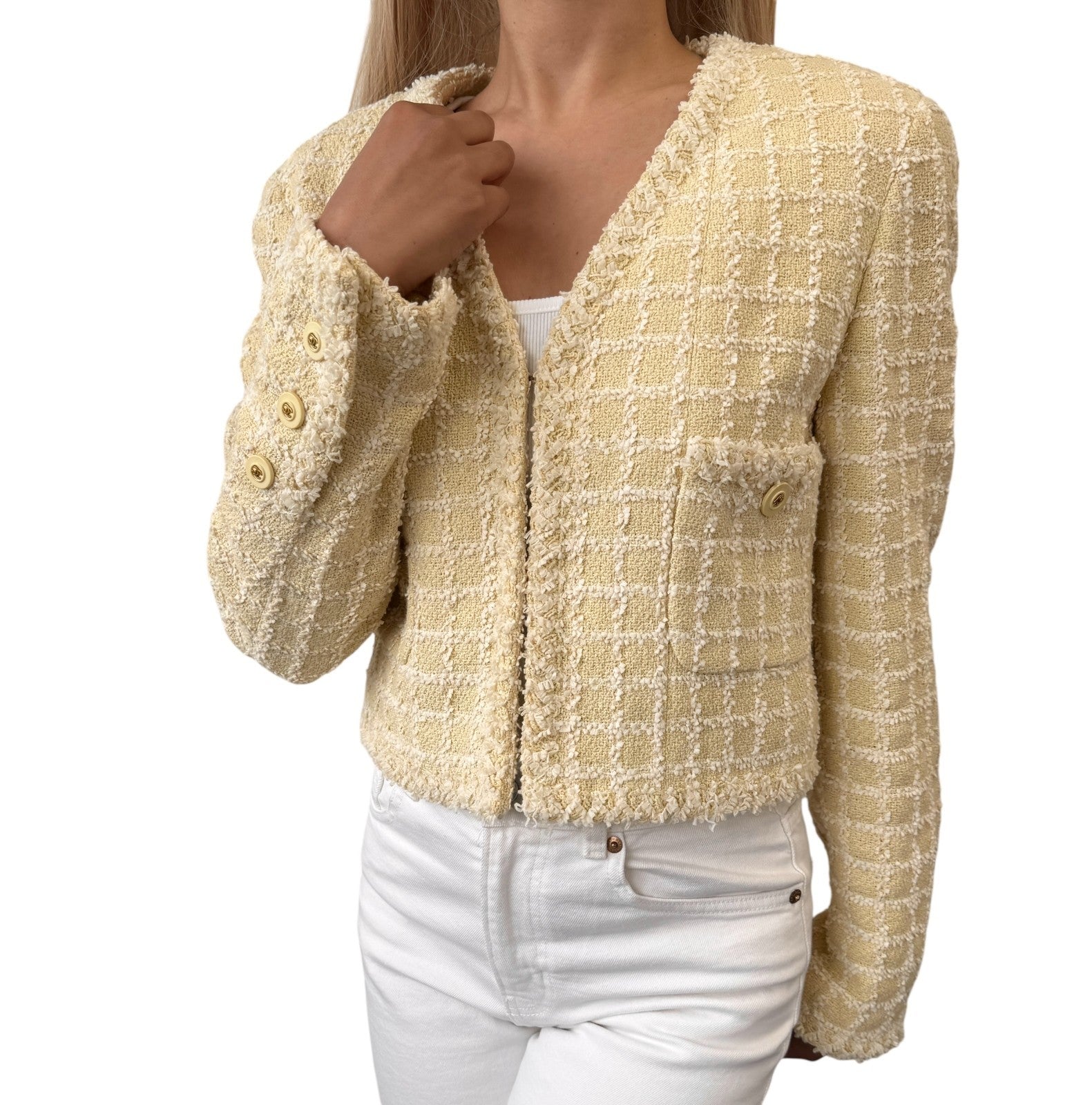 CHANEL Vintage 94P CC Mark Logo Tweed Jacket #38 Yellow White Cotton
