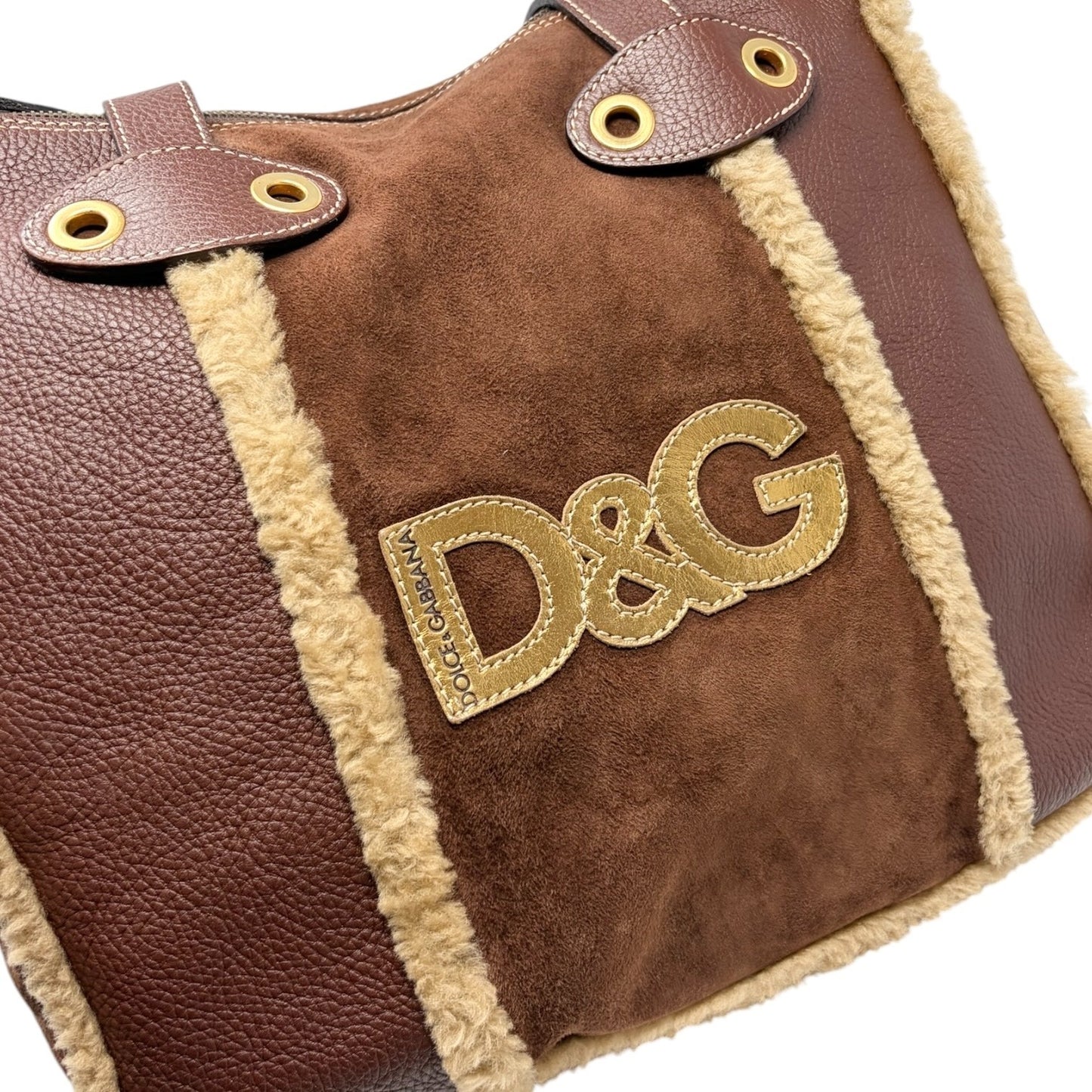 DOLCE&GABBANA Vintage DG Logo Fur Tote Shoulder Bag Brown Beige Suede 902427