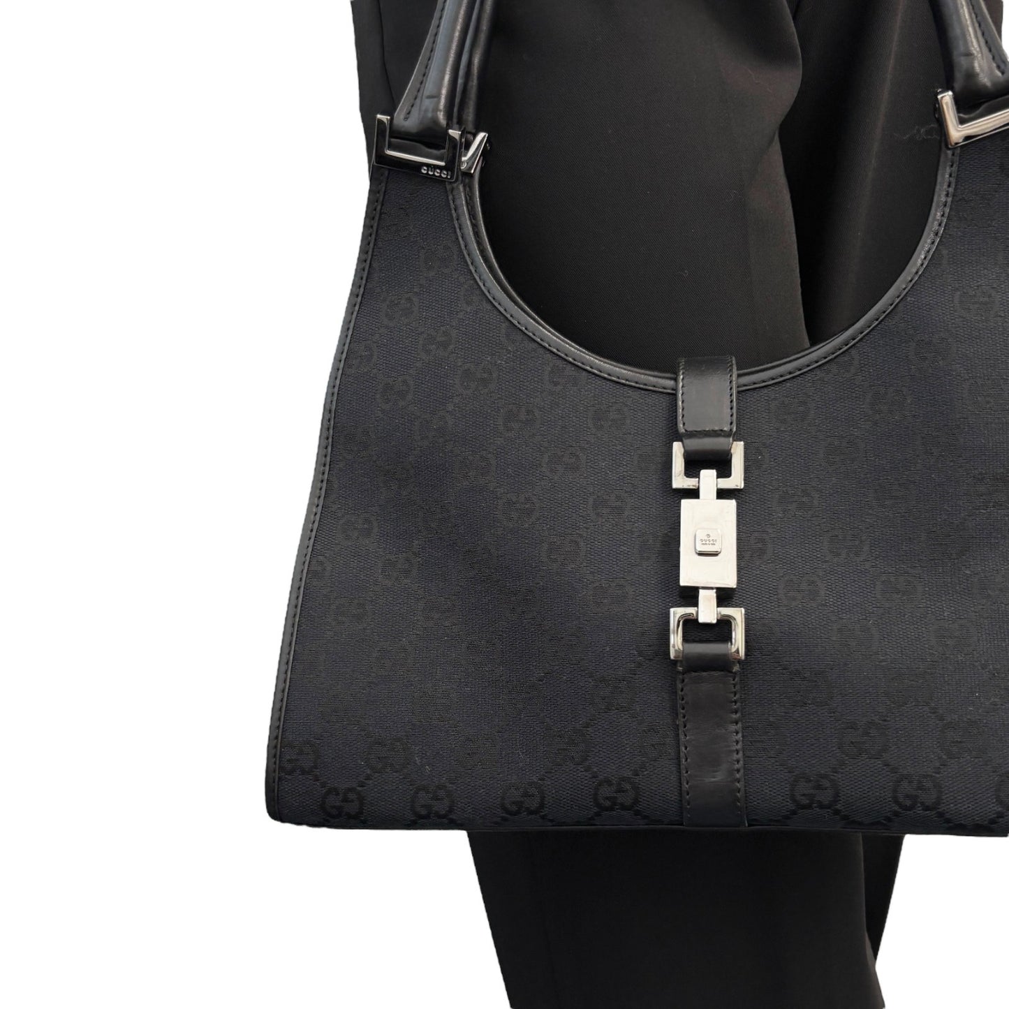 GUCCI Vintage GG Monogram Logo Jackie Shoulder Bag Black Silver Canvas 902251