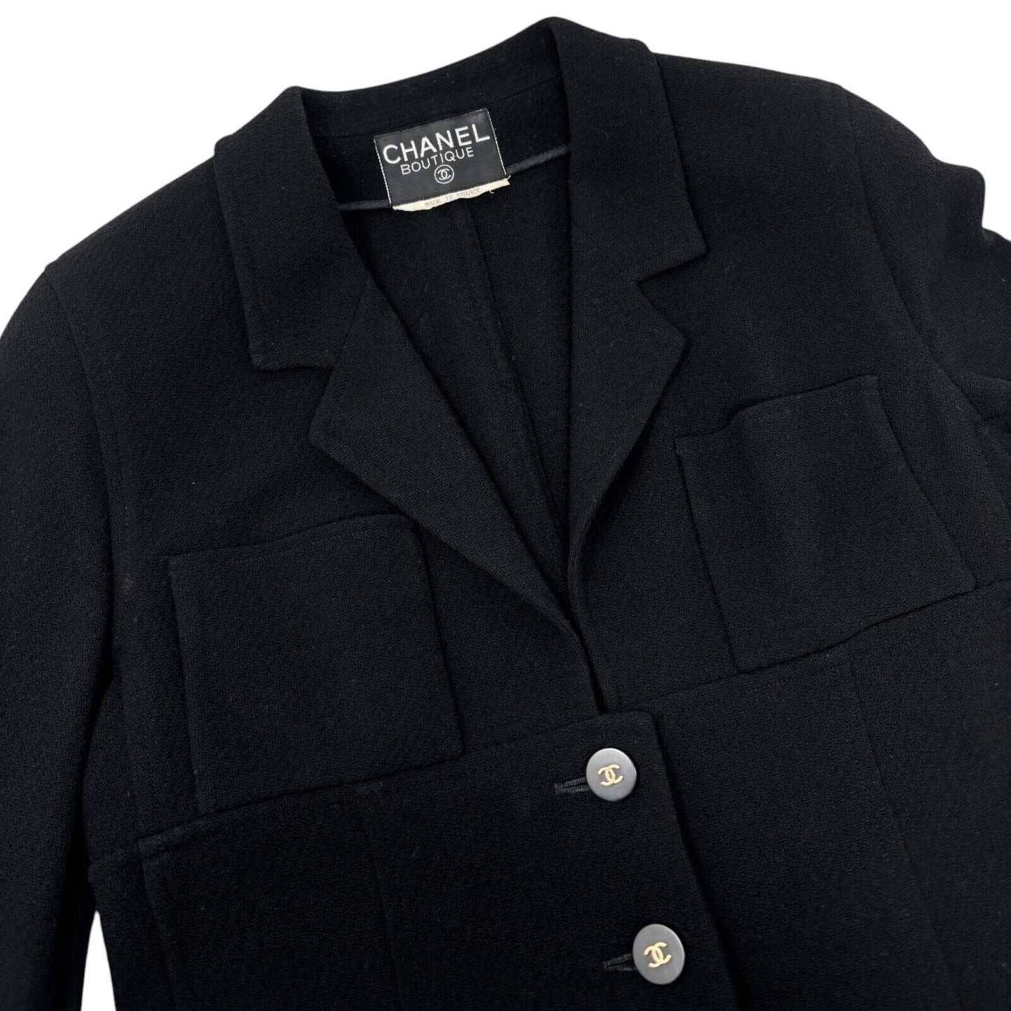 CHANEL Vintage 94P CC Logo Long Sleeve Jacket #40 Black Gold Wool Button