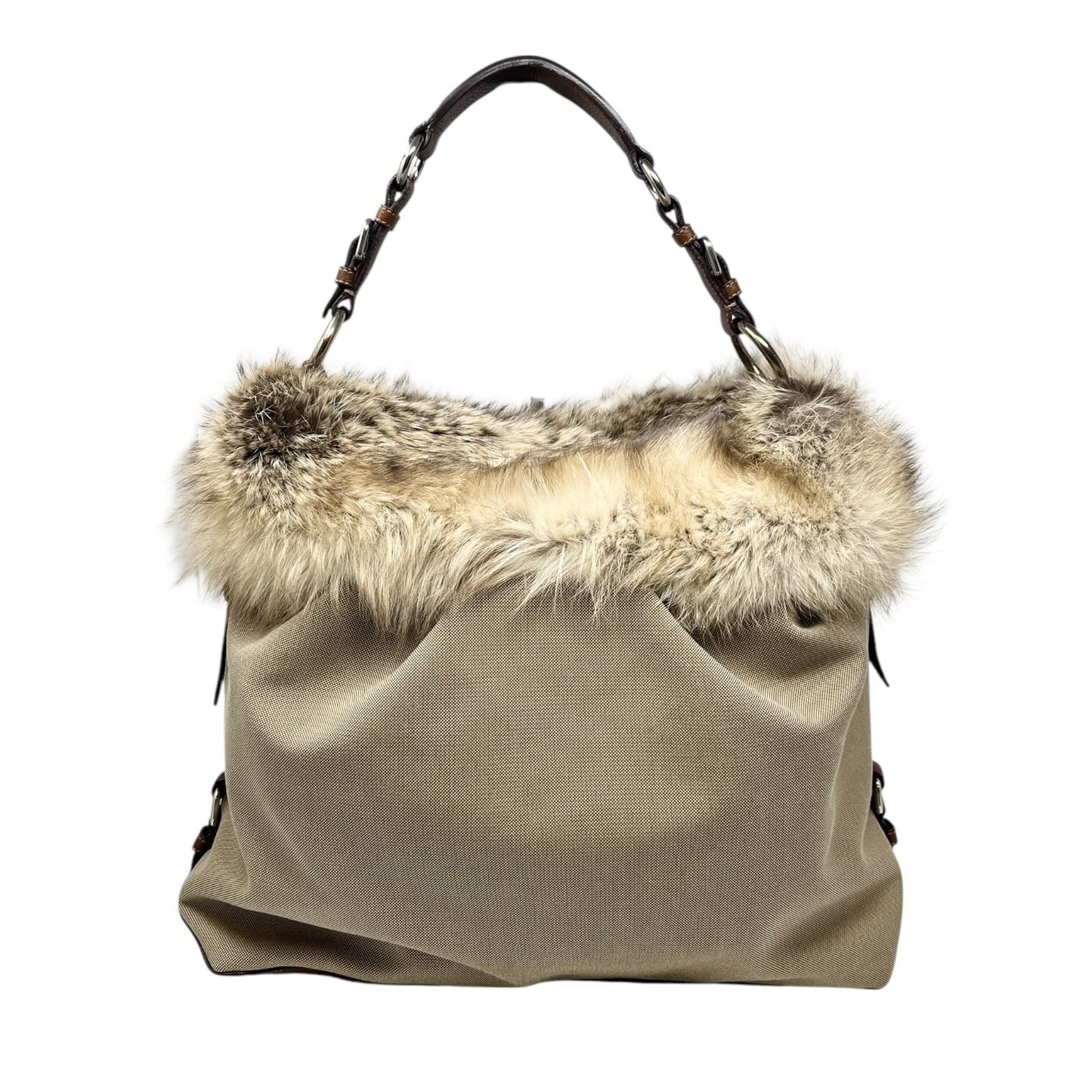 PRADA Vintage Logo Jacquard Fur Trim Canvas Shoulder Tote Bag Beige Brown