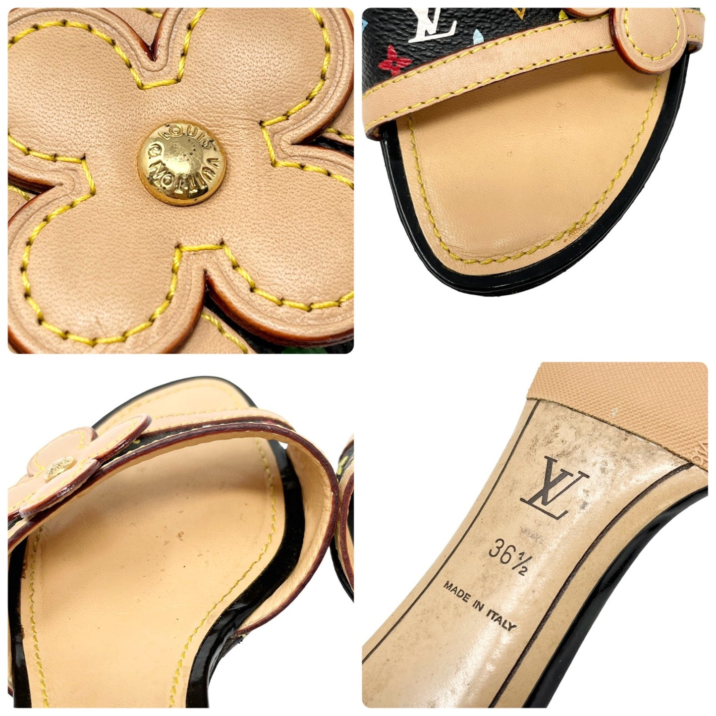 LOUIS VUITTON Vintage Multicolor Monogram Sandals Heels #36.5 Flower Black Beige
