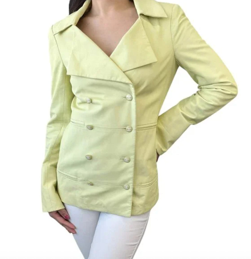CHANEL Vintage 04C CC Mark Button Leather Jacket #36 Lambskin Lime Yellow