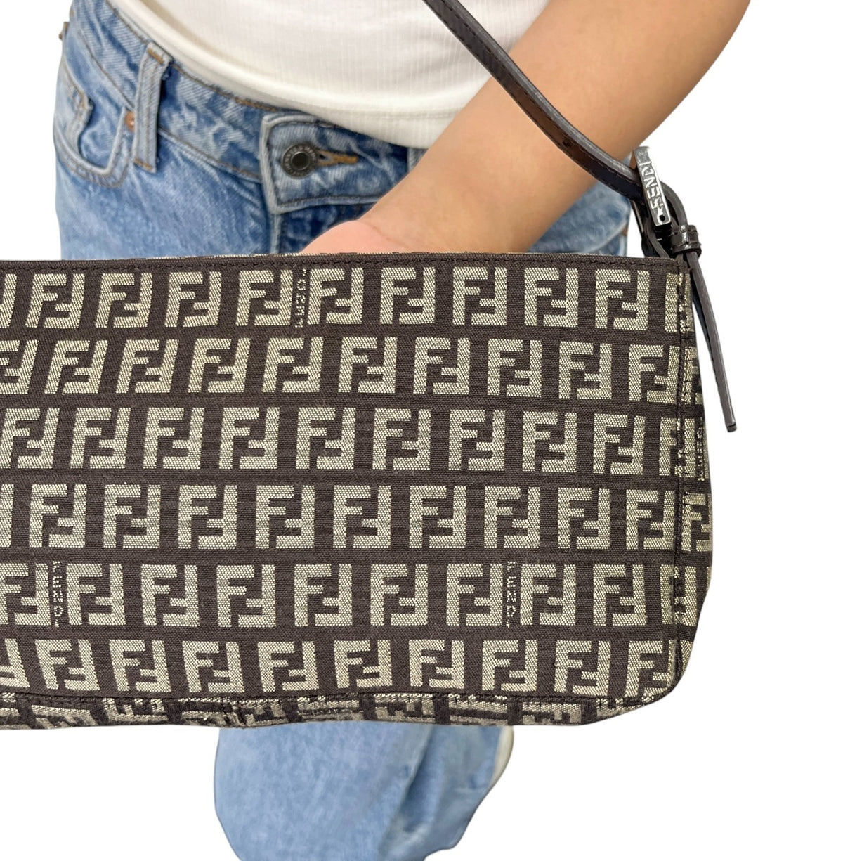 FENDI Vintage Zucchino Monogram Mini Shoulder Bag Brown Beige Canvas 902498