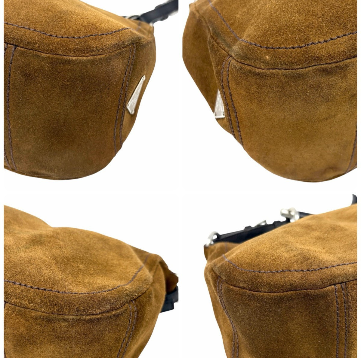 PRADA Triangle Logo Shoulder Hobo Suede Bag Brown Silver Leather Zip 902299