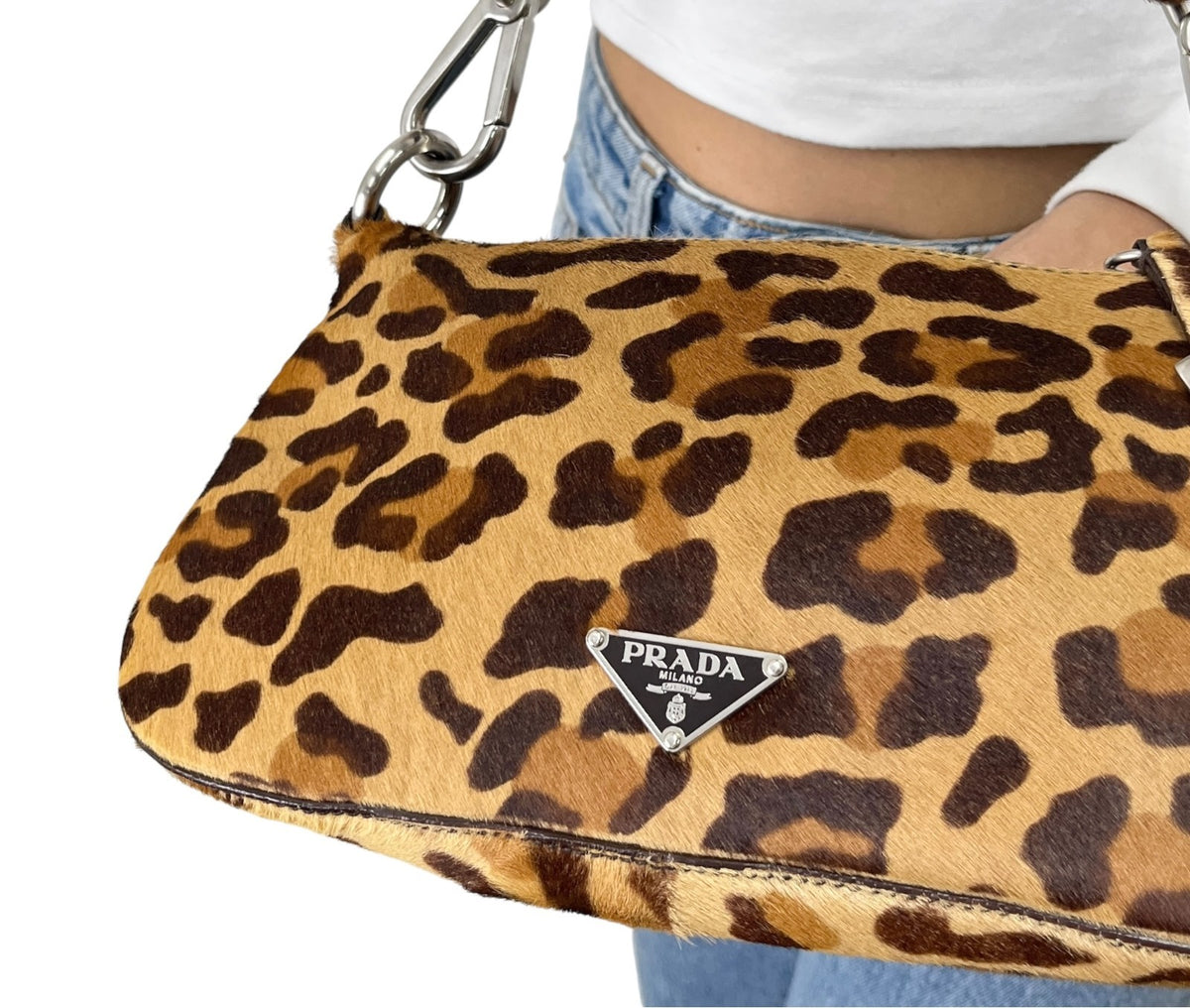 PRADA Vintage Logo Leopard Pony Calf Hair Shoulder Bag Brown Camel 902474