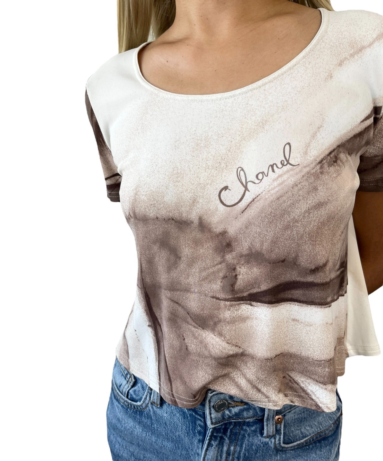 CHANEL Vintage 99P Logo Cropped T-shirt Top #36 Viscose Button Brown Cream