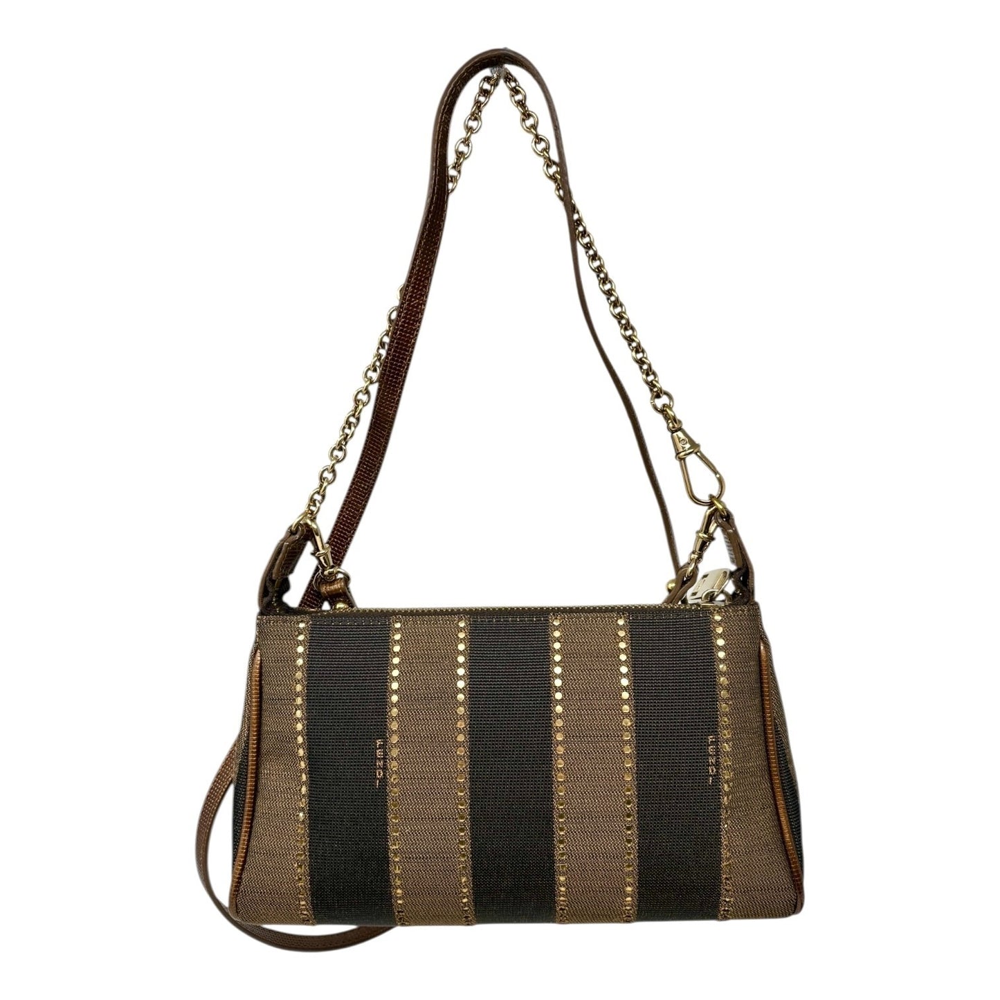 FENDI Vintage Logo Striped Canvas Shoulder Crossbody Bag Brown Black 2way Chain