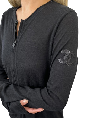 CHANEL Sport Vintage 09A CC Logo Cashmere Zipped Jacket #34 Sequins Black