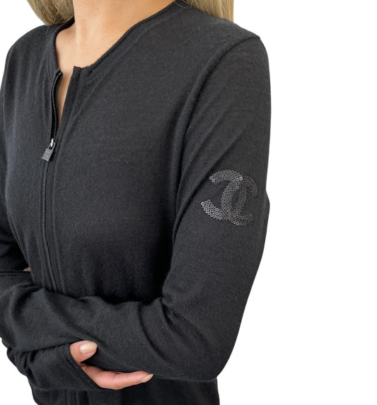 CHANEL Sport Vintage 09A CC Logo Cashmere Zipped Jacket #34 Sequins Black