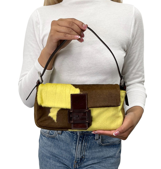 FENDI Vintage FF  Cow Mamma Baguette Bag Yellow Brown Pony Calf Hair 902801