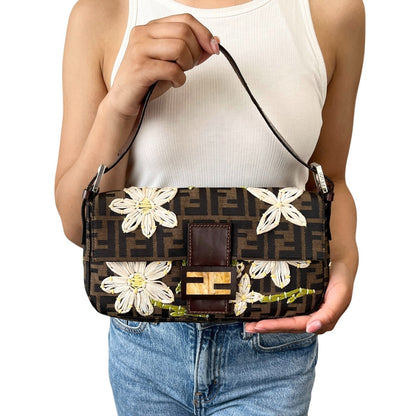 FENDI Vintage FF Zucca Mamma Baguette Shoulder Bag Flower Brown Canvas 902041