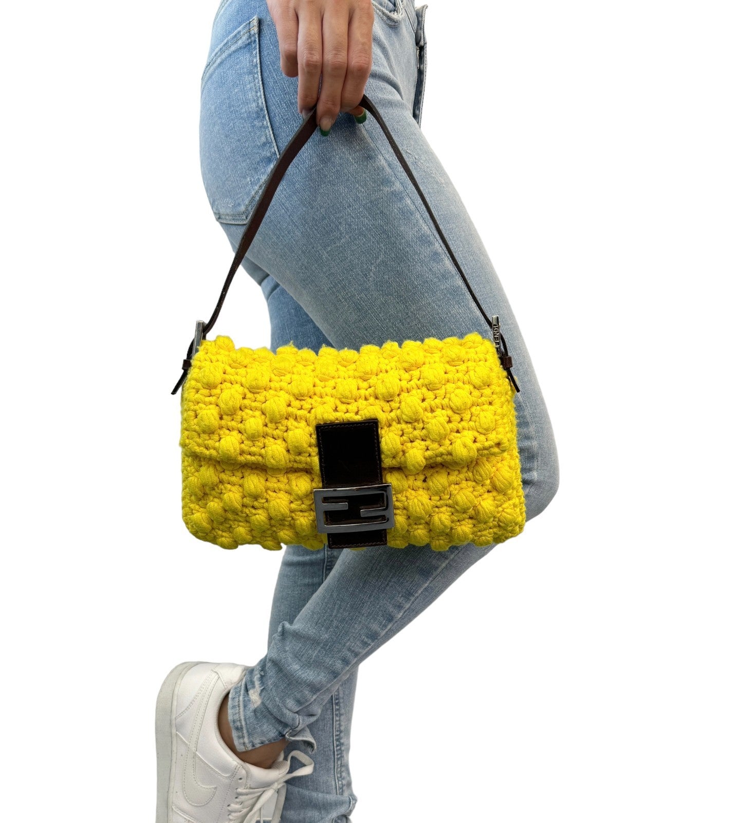 FENDI Vintage Logo Knit Mamma Baguette Shoulder Bag Yellow Brown Wool