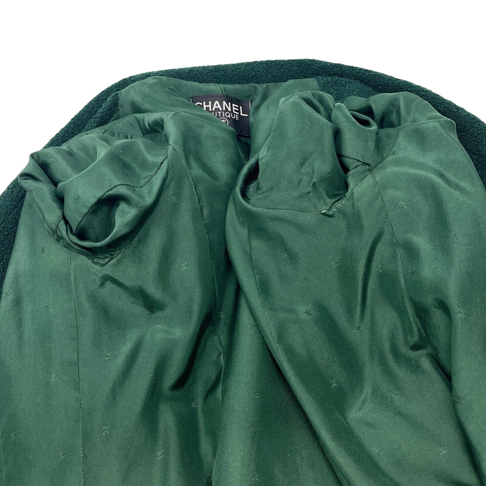 CHANEL Vintage CC Mark Logo Tweed Jacket Button Pocket Green Gold Wool