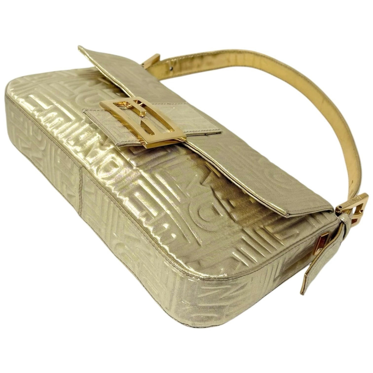 FENDI Vintage FF Logo Embossed Mamma Baguette Shoulder Bag Gold Nylon 902315