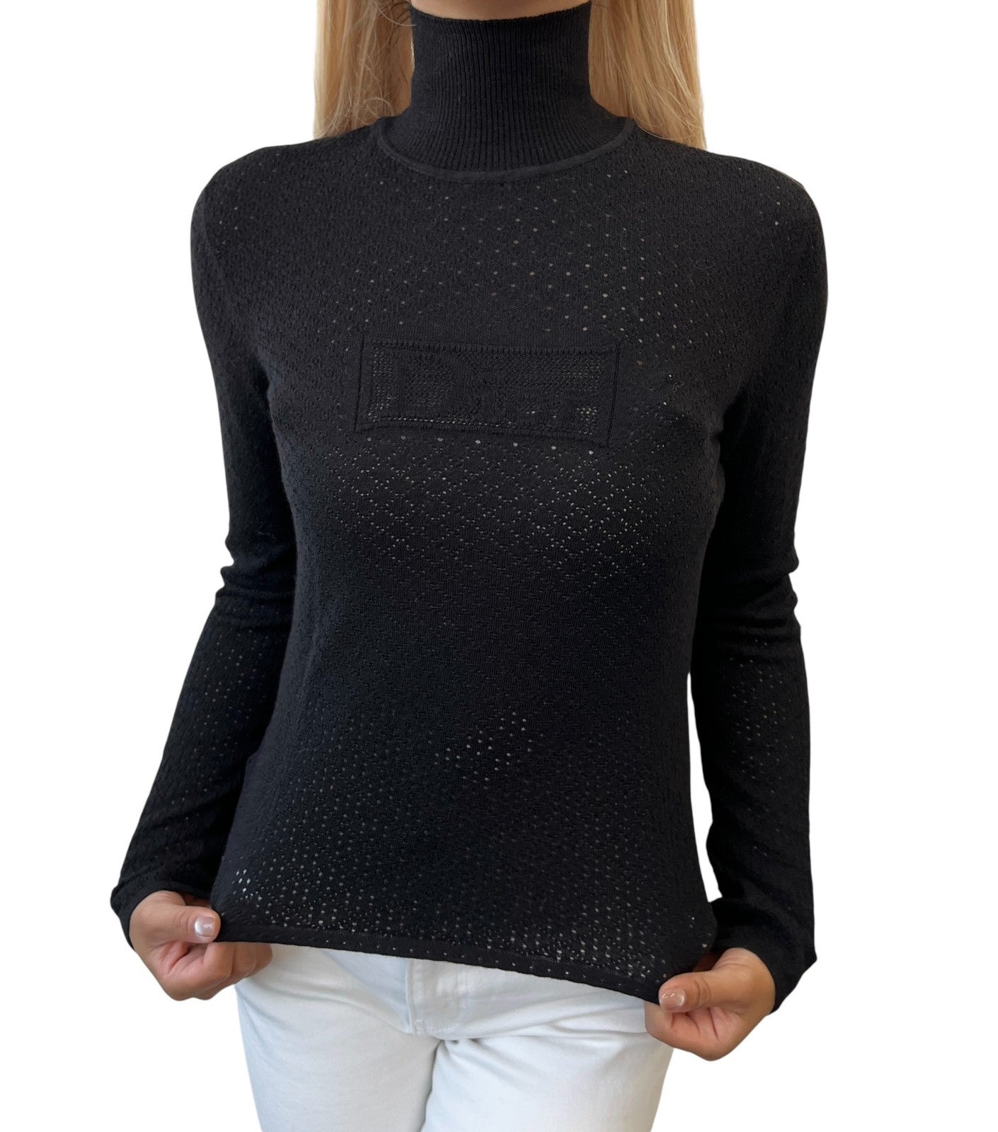Christian Dior Vintage Logo Turtleneck Knit Mesh Sweater Long Sleeve Black