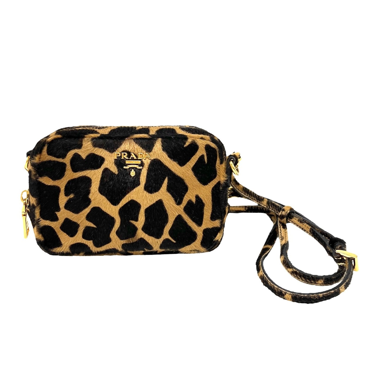 PRADA Vintage Logo Pony Hair Giraffe Crossbody Mini Bag Camel Brown Calf Hair