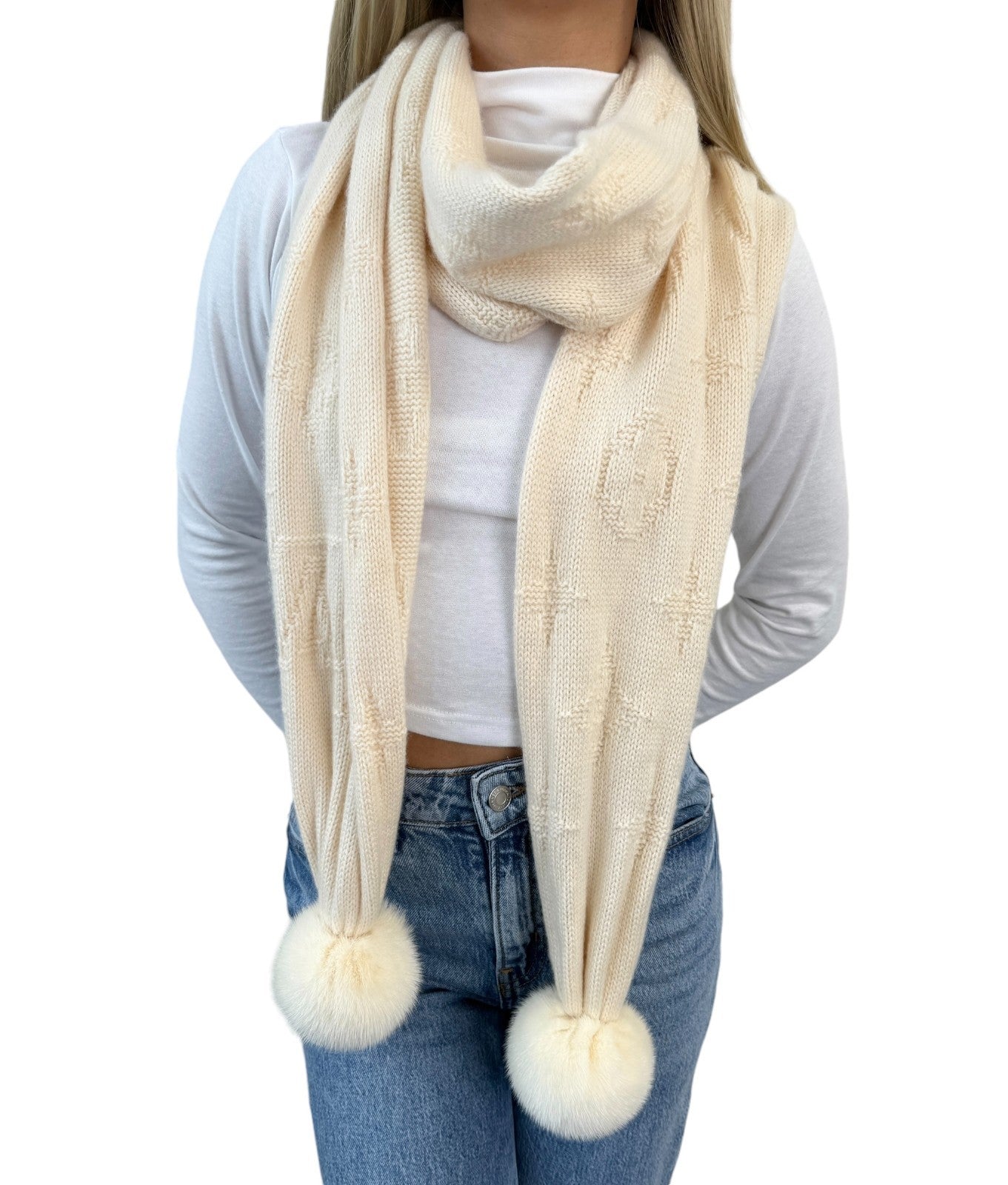 LOUIS VUITTON Vintage Monogram Escharpe Fur Scarf Shawl Cream Cashmere Logo