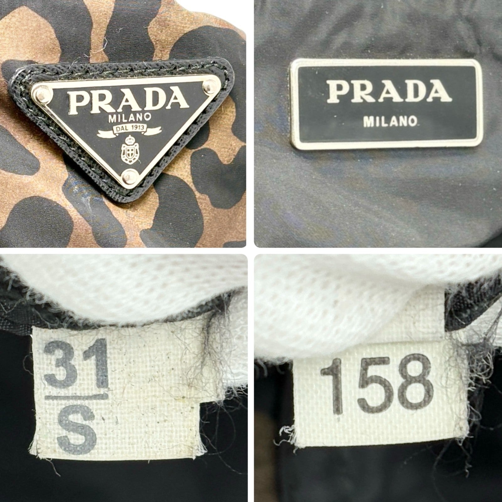 PRADA Vintage Logo Leopard Tote Shoulder Bag Khaki Black Silver Nylon Leather