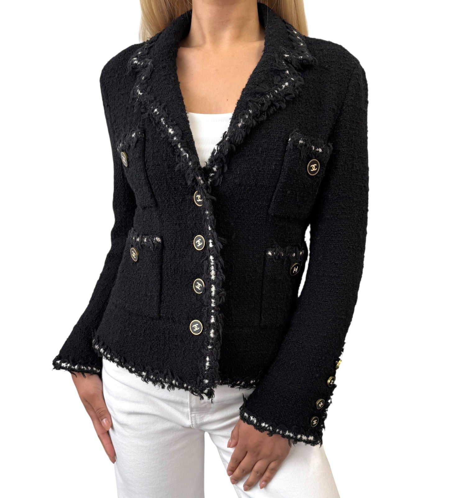 CHANEL Vintage 94A CC Logo Tweed Jacket Blazer Black White Wool Button